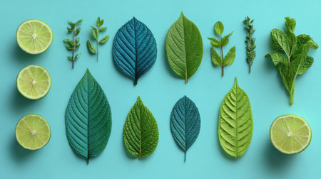 Decorative flat lay with green-toned natural elements like leaves, herbs, and fruitsの素材