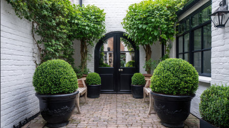 Decorative backyard garden with symmetrical layout, trimmed hedges, and potted topiary plantsの素材
