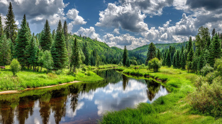 Crystal-clear river winding through a lush forest, reflecting the surrounding greenery and skyの素材