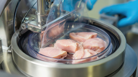 Pre-cooked food portions entering flexible retort pouches under hygienic conditionsの素材