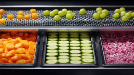 Precision-cut vegetables being dropped into ready-to-eat trays on an assembly lineの素材
