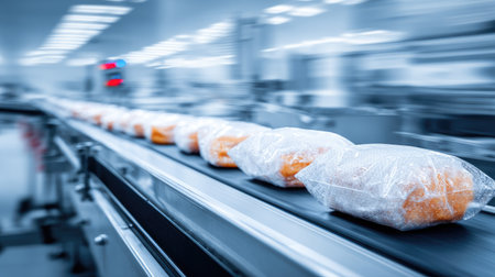 Ready-to-eat meal pouches packed in clusters moving toward cold storage via conveyorの素材