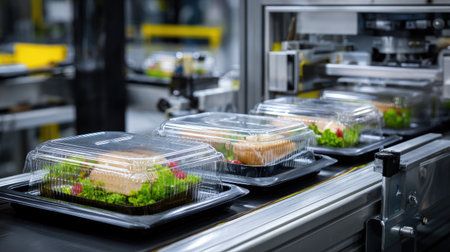 Prepackaged meals in divided plastic trays being sealed by automated heat-sealing equipment on a conveyorの素材