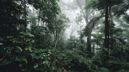 Green tropical jungle with layered vegetation and mist rising through thick foliageの素材