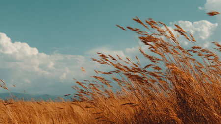 Golden field of wheat swaying in the wind under a partly cloudy summer skyの素材