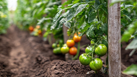 Close-up of tomato plants with green and ripening fruits, supported by wooden stakes and surrounded by rich soilの素材