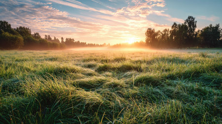 Early morning meadow with mist rising over dew-covered grass under a glowing sunriseの素材
