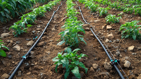 Drip irrigation system set up in a vegetable garden with evenly spaced rows and thriving plantsの素材