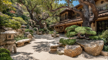 Japanese-inspired garden with raked gravel, bonsai, and stone lanterns arranged in a balanced designの素材