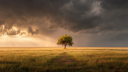 Nature landscape with a lone tree in a wide open grassland under dramatic cloudsの素材
