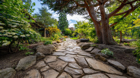 Pathway made of irregular flagstones leading through a tranquil backyard gardenの素材