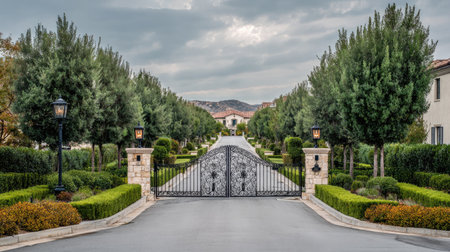Landscaped driveway entrance with symmetrical shrub borders and a decorative iron gateの素材