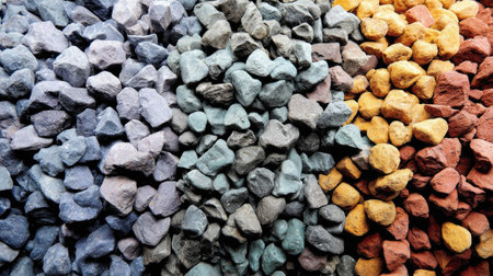 Pile of river rocks sorted by size and color in an organized landscaping areaの素材
