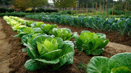 Leafy green vegetable patch in a garden with healthy kale, chard, and lettuceの素材