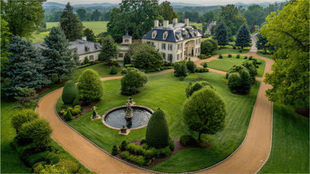 Large estate with landscaped grounds including trimmed topiary, fountains, and gravel walkwaysの素材