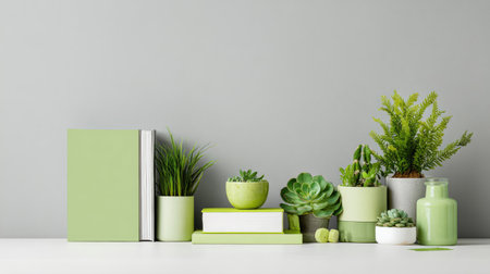 Minimalist green workspace setup with plants, notebooks, and eco-friendly materialsの素材
