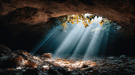 Natural cave entrance surrounded by vegetation with beams of light shining insideの素材
