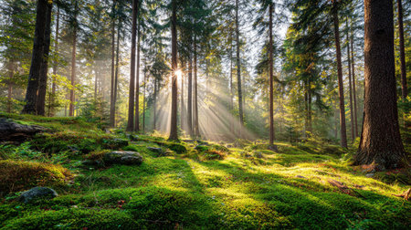 Peaceful forest with tall trees, sunbeams piercing through the canopy, and a soft carpet of mossの素材