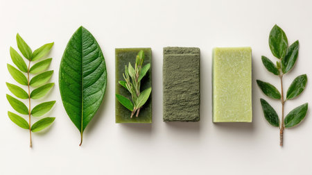 Organic green soap bars with herbs and leaves displayed in a flat lay spa conceptの素材