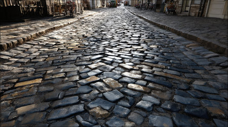 Old cobblestone street with irregular stone patterns and weathered surface textureの素材