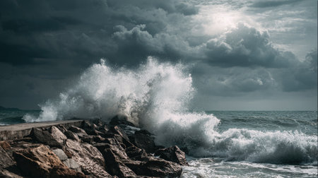 Ocean waves crashing against a rocky shoreline with dramatic sky in the backgroundの素材