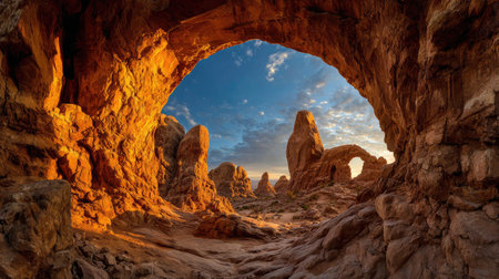 Natural rock arch in a desert landscape with golden light illuminating its edgesの素材
