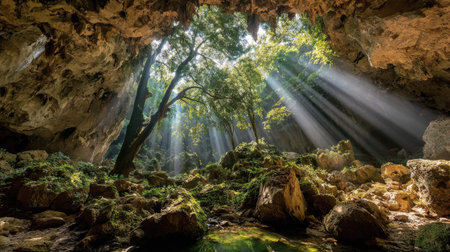 Natural cave entrance surrounded by vegetation with beams of light shining insideの素材