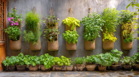 Vertical garden with herbs and vegetables growing in wall-mounted containers on a patioの素材