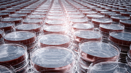 Automated assembly line producing ready-to-eat meals in plastic trays with sealed transparent lids, arranged in perfect rowsの素材