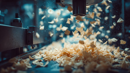 Dry snack bags passing through a metal detector and sorter on automated food packaging lineの素材