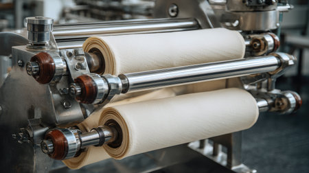 Dough sheeter flattening and shaping dough with stainless steel rollers in bakery lineの素材