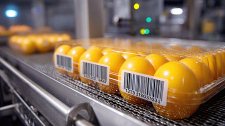 Heat-sealed ready-to-eat breakfast trays with barcode labels lined up for sortingの素材