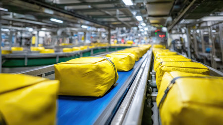 Conveyor line with freshly sealed curry pouches moving to high-pressure retort unitの素材