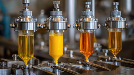 Food-grade filling station dispensing sauces into metallic retort pouches with precisionの素材