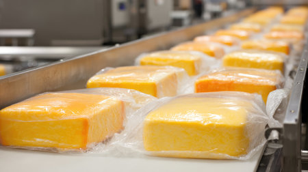 Frozen lasagna trays in sealed film packaging moving along a stainless conveyor lineの素材