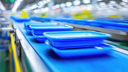 Empty meal trays moving along a conveyor before being filled with ready-to-eat componentsの素材