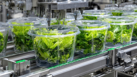 Freshly filled salad containers under plastic film being labeled in automated stationの素材