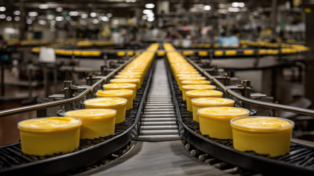 High-speed conveyor line of prepackaged ready-to-eat meals arranged uniformly for quality checkの素材