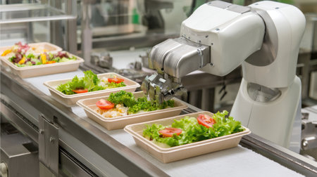 Meal kits in divided trays moving on belt toward robotic arm for final sealingの素材
