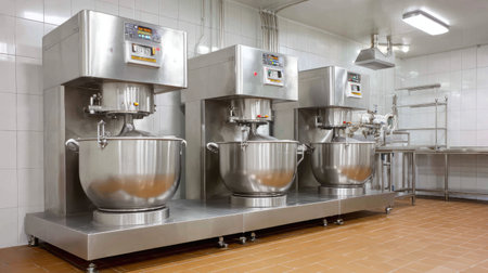 Industrial food mixers blending ingredients for ready-to-eat meals in a sanitary production facilityの素材