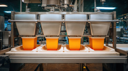 Ingredient feeders aligned above trays for fast filling in ready-to-eat food packagingの素材