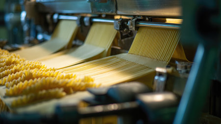 Industrial sealing heads applying heated film over trays of pasta in high-efficiency food lineの素材