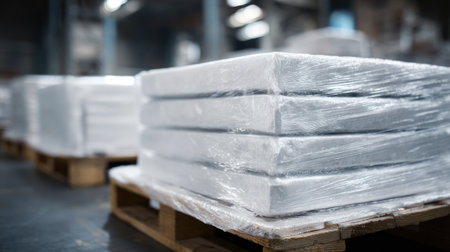 Packaged frozen meals on pallets wrapped in plastic film for cold chain transportの素材