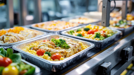 Ready-to-heat dinner trays on conveyor passing through sealing and labeling machineの素材