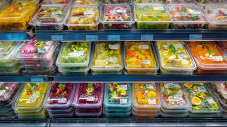 Rows of transparent ready-to-eat containers organized in a chilled distribution sectionの素材