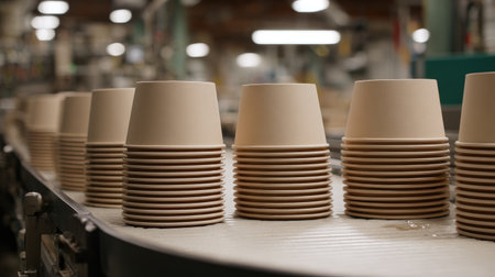 Ready-to-eat meals stacked in eco-friendly packaging on automated tray loading beltの素材