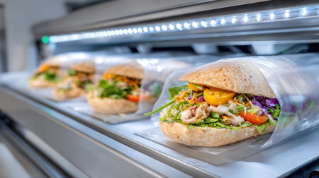 Sealed sandwiches entering refrigerated tunnel after automated packaging processの素材