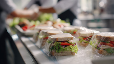 Sandwich packaging station with trays of wrapped sandwiches moving to cold chainの素材