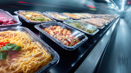 Sealed trays of prepackaged Asian meals entering cold storage conveyor for shipmentの素材