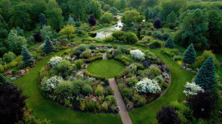 Decorative garden landscape with circular design, floral borders, and open lawn centerの素材